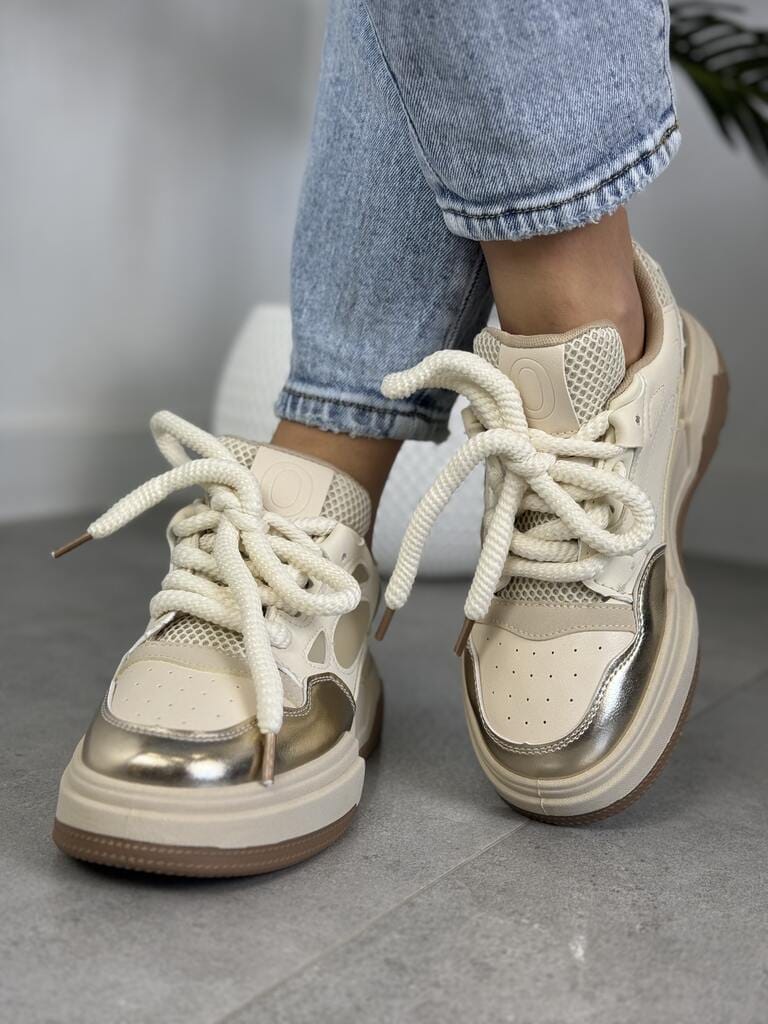 Buty sportowe na grubej podeszwie beżowe – Wygodne sneakersy damskie 7566 Beige - Do spodni