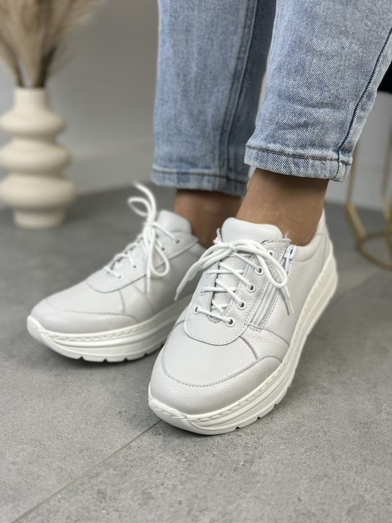 Białe Skórzane Sneakersy Damskie WASAK Jesienne Buty Damskie - Do spodni