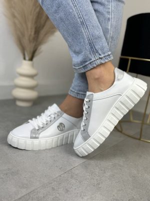 Białe Skórzane Sneakersy Damskie – GOODIN GD-XF-71 White/Silwer - Styl casualowy
