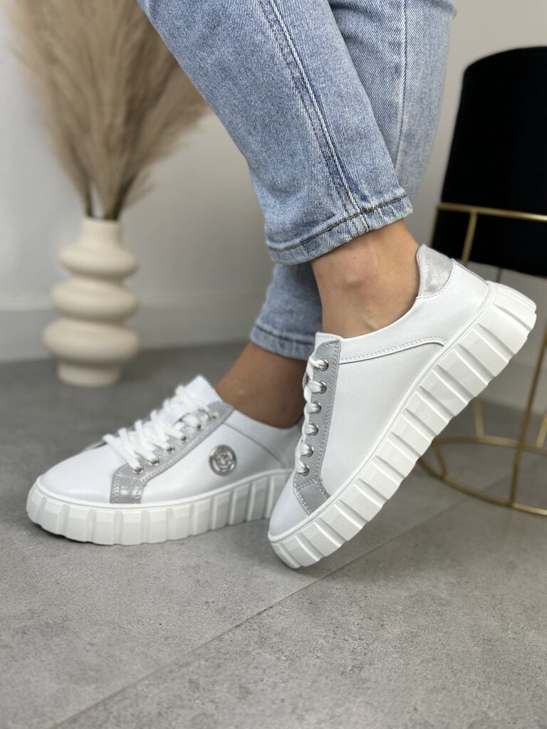 Białe Skórzane Sneakersy Damskie – GOODIN GD-XF-71 White/Silwer - Styl casualowy