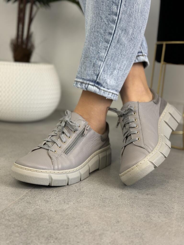 Wygodne Półbuty Damskie Skórzane WASAK 0663 Szary Groszek - Styl casualowy