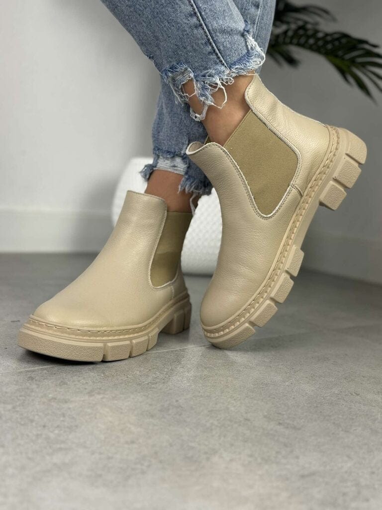 Beżowe Sztyblety Damskie – Modne Buty Damskie Wasak 0708 - Do spodni