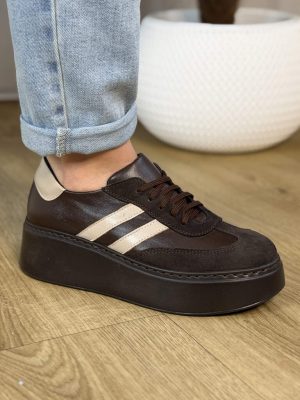 Sneakersy skórzane damskie na platformie czekoladowe Filipczyk F-190/3 - Styl casualowy