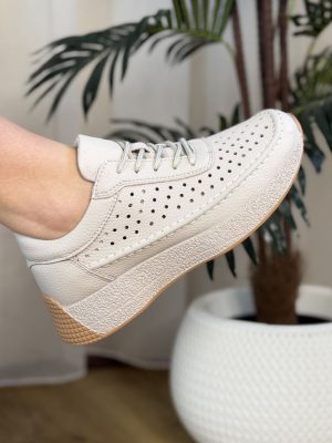 Szare skórzane sneakersy damskie ażurowe Sergio Leone SP-013 - Styl klasyczny