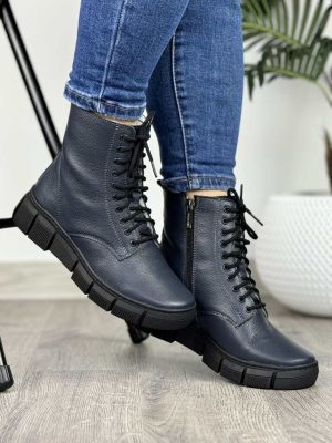 Granatowe trzewiki damskie skórzane Wasak 0660 – Modne Buty Damskie - Styl rockowy