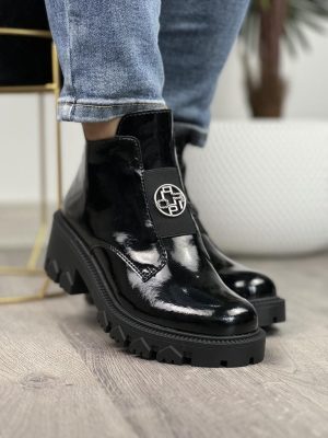 Botki Lakierowane Damskie – Skórzane Botki Na grubej Podeszwie Filippo - Styl miejski