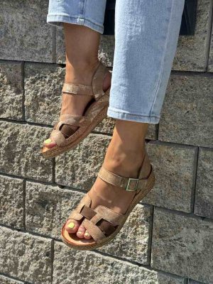 Brązowe skórzane sandały damskie Wasak 0719 - Styl glamour