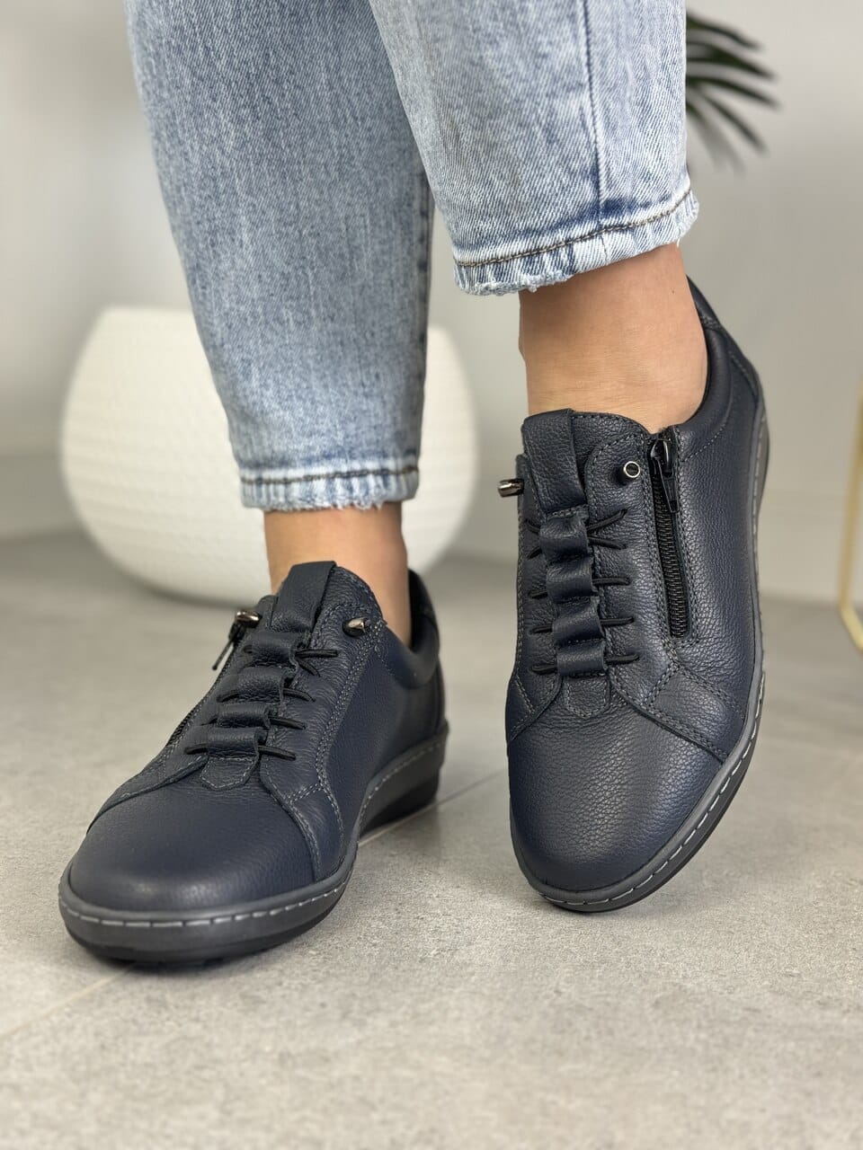 Granatowe buty damskie ze skóry WASAK 0688 - Na lato
