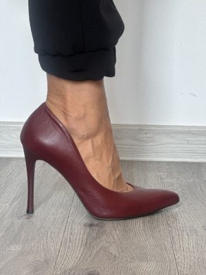 Bordowe Szpilki Ze Skóry Damskie Kordel Wygodne Szpilki Skórzane - Styl wieczorowy