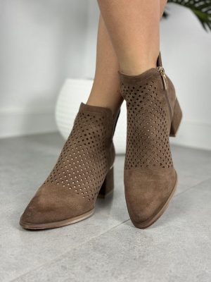 Brązowe botki damskie na niskim obcasie – Modne Buty do sukienki Potocki 24-12356 - Styl elegancki