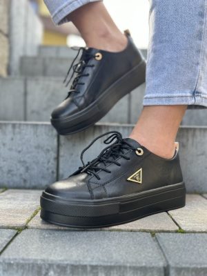Skórzane buty na platformie – Wygodne buty sportowe na grubej podeszwie czarne Filippo - Styl casualowy