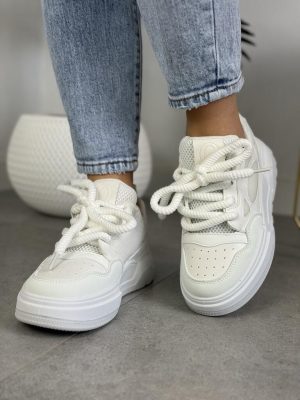 Buty sportowe na grubej podeszwie białe – Wygodne sneakersy damskie 7566 White - Styl miejski