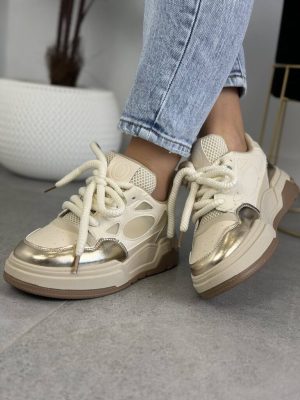 Buty sportowe na grubej podeszwie beżowe – Wygodne sneakersy damskie 7566 Beige - Styl miejski