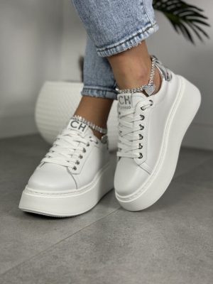Sneakersy damskie skórzane – Modne buty na grubej podeszwie Chebello 4406 biały - Styl miejski