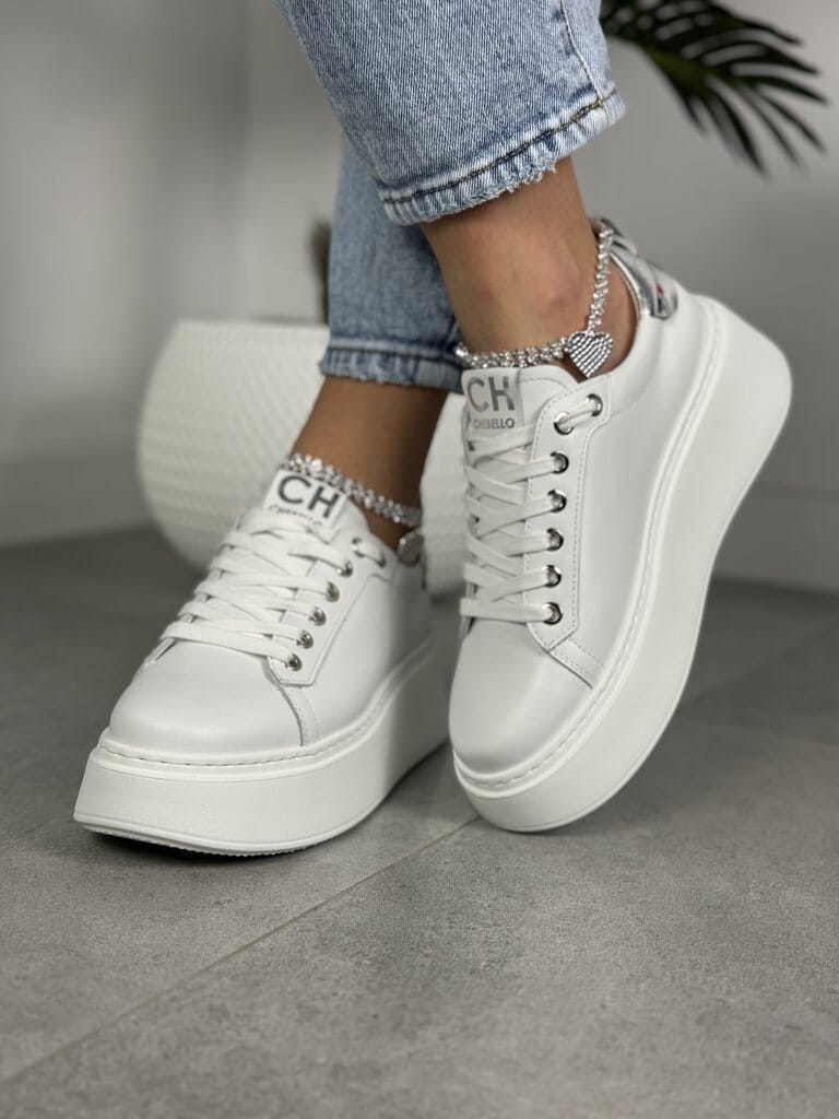 Sneakersy damskie skórzane – Modne buty na grubej podeszwie Chebello 4406 biały - Styl miejski