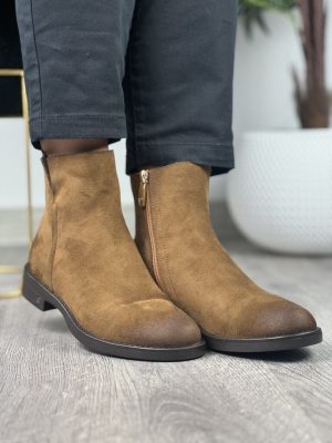 Brązowe zamszowe płaskie botki damskie Potocki 12515 - Styl klasyczny