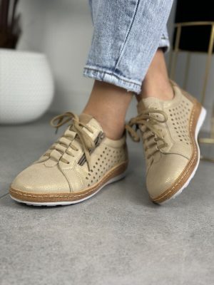 Złote półbuty damskie skórzane WASAK 0688 – Ażurowe buty damskie - Styl casualowy