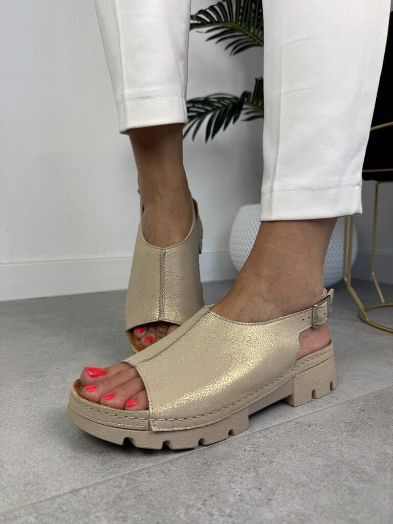 Złote sandały Wasak skórzane buty damskie 0669 - Styl miejski