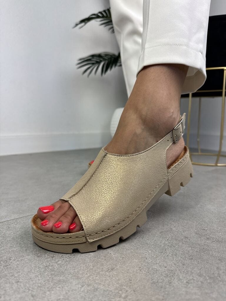 Złote sandały Wasak skórzane buty damskie 0669 - Styl casualowy