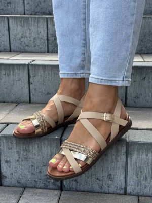 Sandały damskie płaskie Sergio Leone SK 087H Beż/Złoty - Styl casualowy