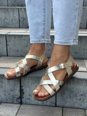 Złote sandały damskie płaskie paski Sergio Leone SK 088 - Styl casualowy