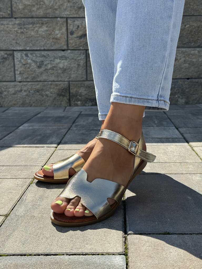 Sandały damskie złote płaskie paski Cambell 25-00659 - Styl casualowy