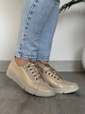 Złote skórzane półbuty damskie WASAK 0681 - Styl klasyczny