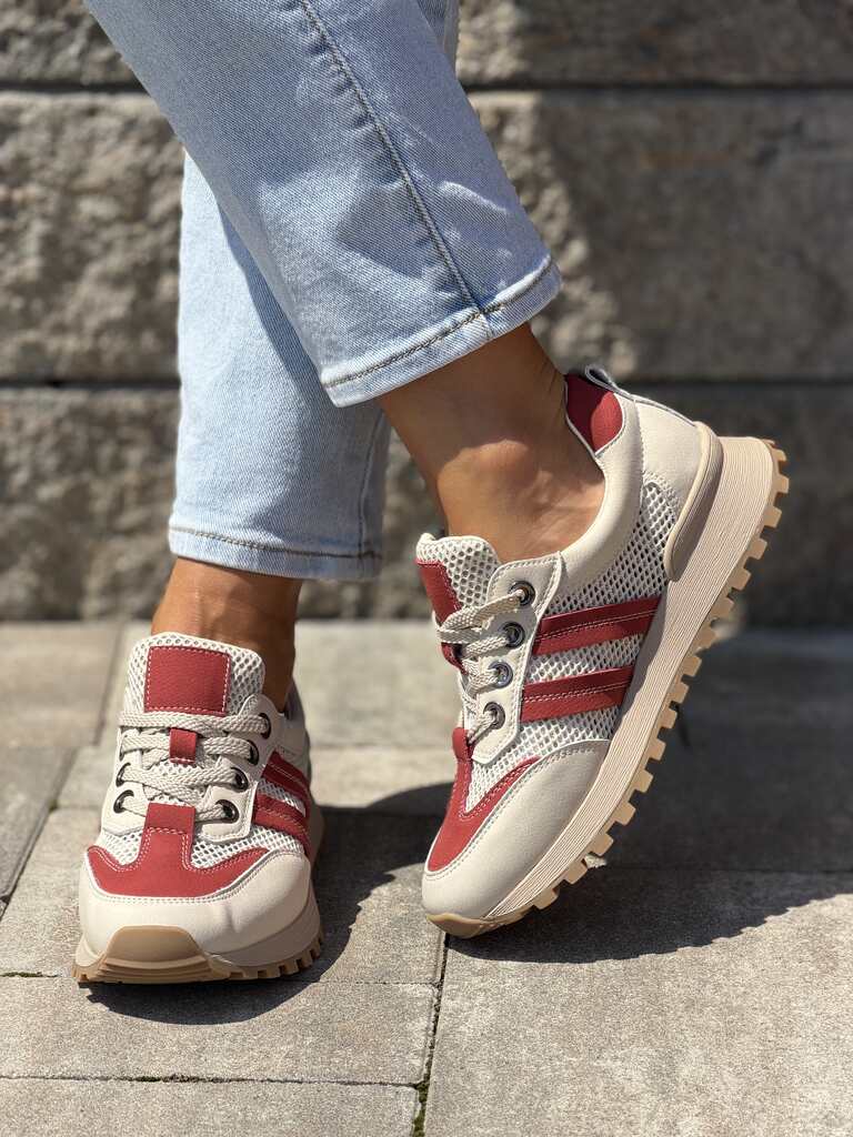 Beżowe buty rekreacyjne damskie ze skórzanymi elementami, siateczką i czerwonymi detalami na grubszej podeszwie