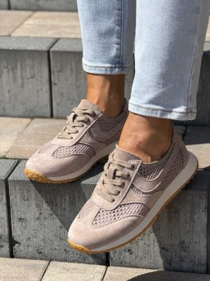 Beżowe skórzane ażurowe sneakersy damskie Evento 26SP18-9817 - Styl klasyczny