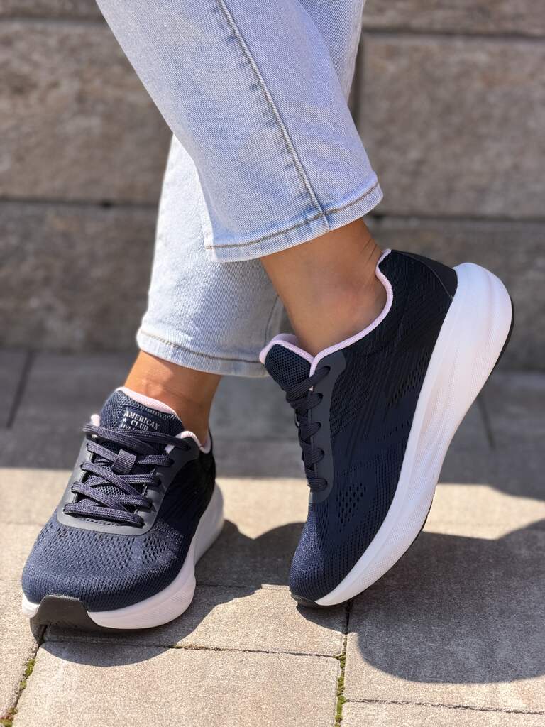 Granatowe sneakersy damskie American Club HA90 NAVY/PINK - Styl klasyczny
