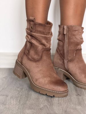 Beżowe botki damskie na obcasie S.Barski 8100 - Styl klasyczny