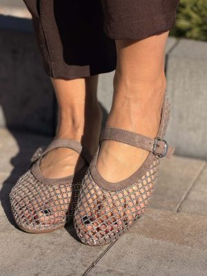 Brązowe baleriny damskie ażurowe z błyszczącej siateczki z paskiem Siwiecki JH612P - Styl elegancki