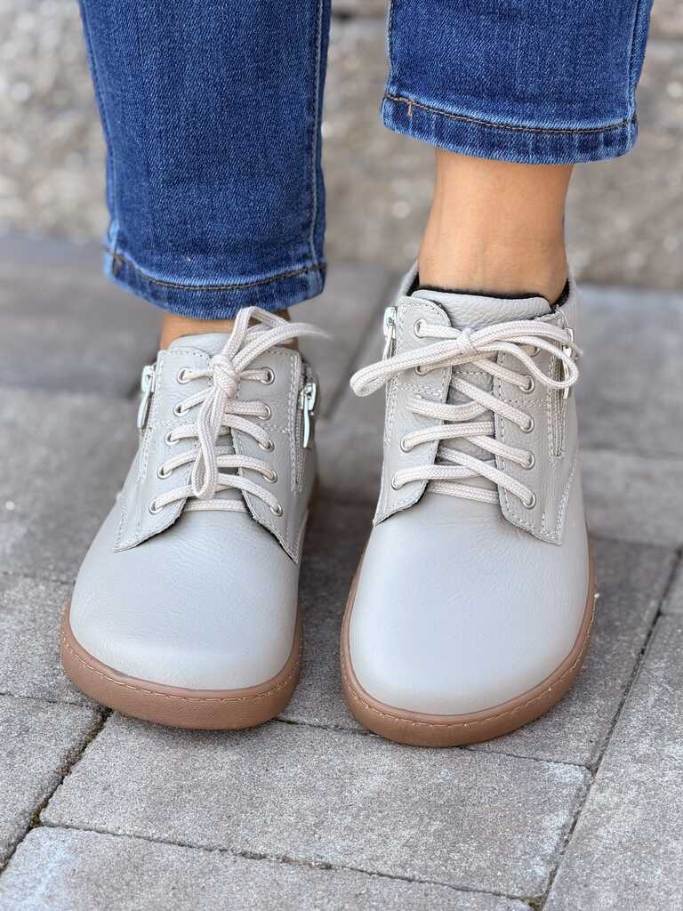 Szare skórzane półbuty damskie barefoot sznurowane na płaskiej podeszwie Amulet 349 - Na jesień