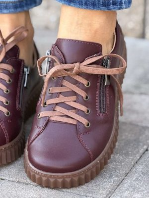 Bordowe półbuty damskie barefoot sznurowane na platformie z zamkiem Amulet 314/139 (Kopia)