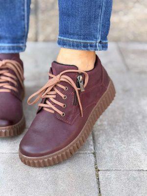 Bordowe półbuty damskie barefoot sznurowane na platformie z zamkiem Amulet 314/139 - Do spodni