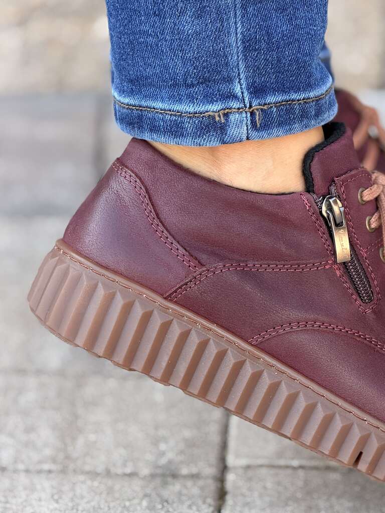 Bordowe skórzane półbuty damskie barefoot sznurowane na grubej podeszwie Amulet 347 - Do jeansów