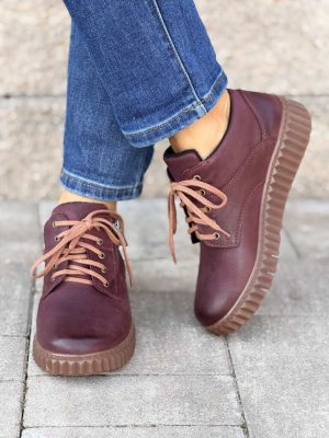 Bordowe półbuty damskie barefoot sznurowane na platformie z zamkiem Amulet 314/139 - Styl klasyczny