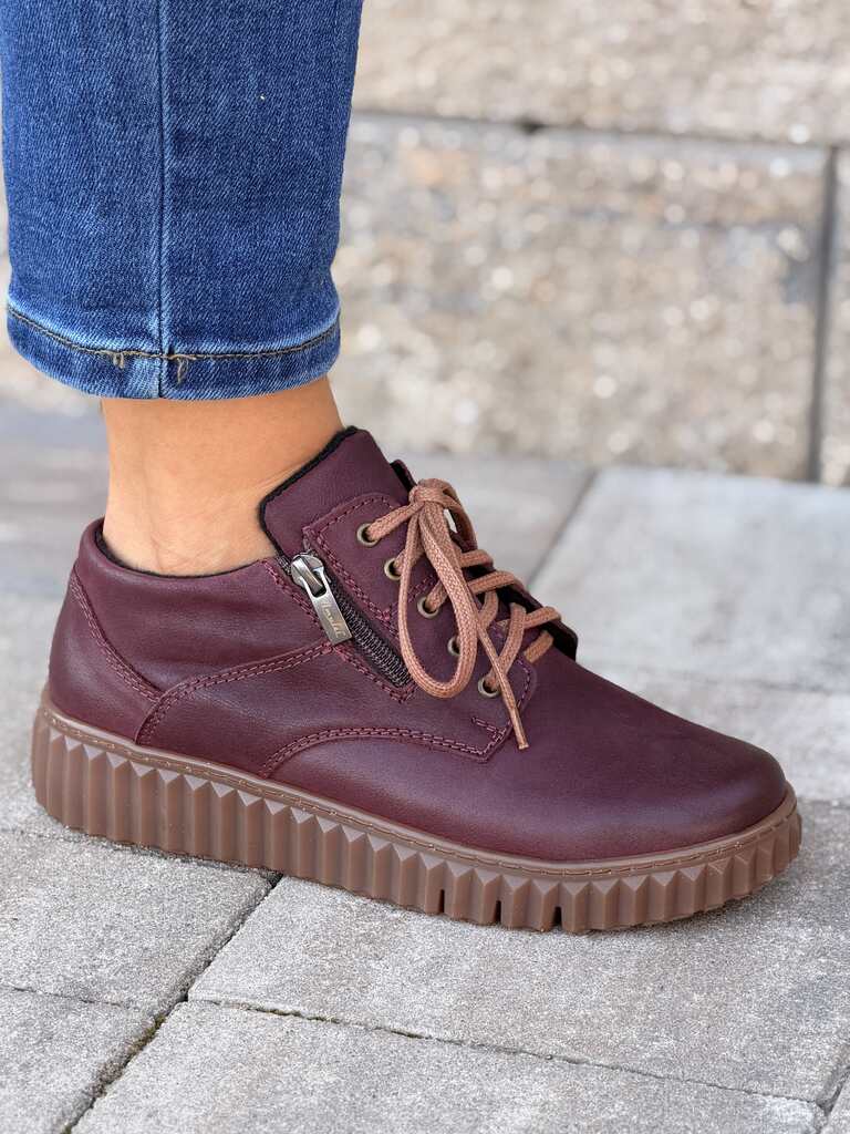 Bordowe skórzane półbuty damskie barefoot sznurowane na grubej podeszwie Amulet 347 - Styl casualowy
