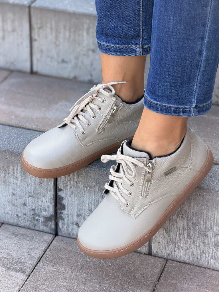 Szare skórzane półbuty damskie barefoot sznurowane na płaskiej podeszwie Amulet 349 - Styl casualowy