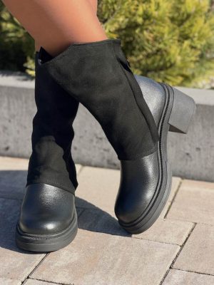 Czarne skórzane botki damskie na słupku z wysoką zamszową cholewką AGA 22575 - Styl elegancki