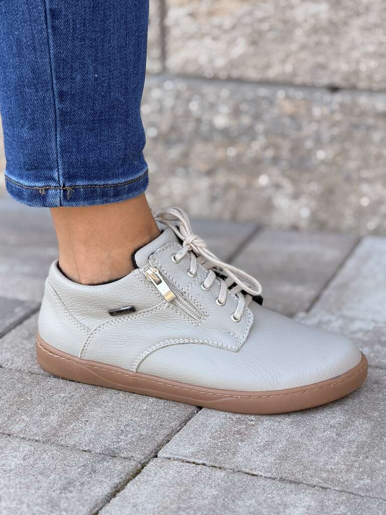 Szare skórzane półbuty damskie barefoot sznurowane na płaskiej podeszwie Amulet 349 - Do sukienki