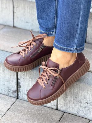 Bordowe półbuty damskie barefoot sznurowane na platformie z zamkiem Amulet 314/139 (Kopia) - Styl klasyczny