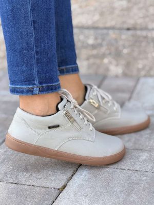 Szare skórzane półbuty damskie barefoot sznurowane na płaskiej podeszwie Amulet 349 - Styl klasyczny