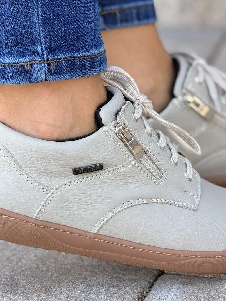 Szare skórzane półbuty damskie barefoot sznurowane na płaskiej podeszwie Amulet 349 - Do jeansów